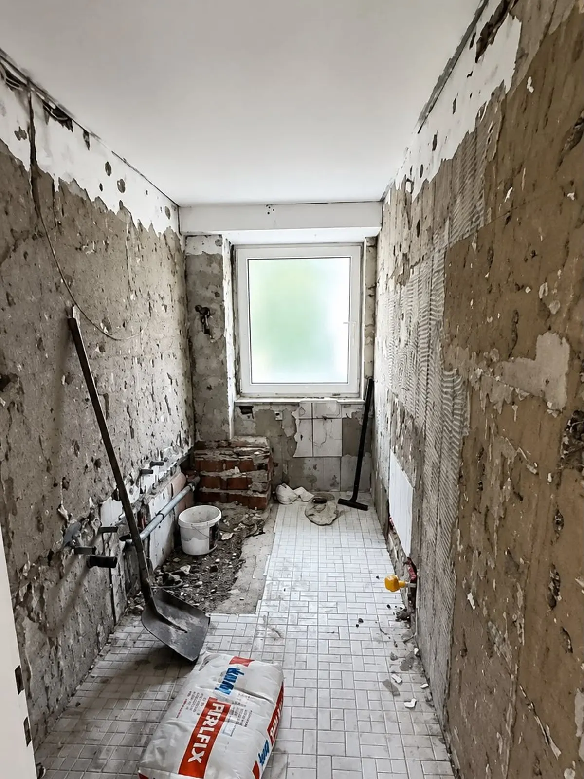 Entkerntes Badezimmer mit abgeschlagenen Wänden vor der Sanierung